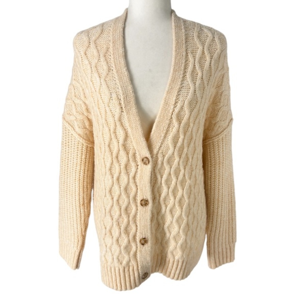 American Eagle Oversized Cable Knit Wool Blend Sweater Beige Cardigan Womens New